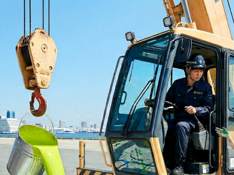 ［兵庫県］ペンキ入りバケツつり上げドバッ！クレーン使い豪快アート制作　港湾短大でイベント