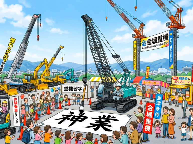 ［福島県］ラフターやコンクリートポンプ車で重機習字　会津若松市の企業が企画