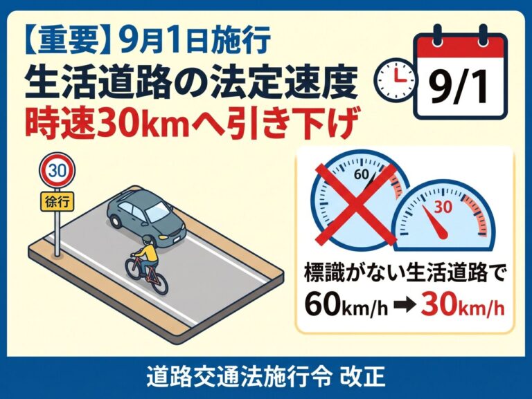 ［法律改正］生活道路の速度引き下げ　9月から速度60km→30km