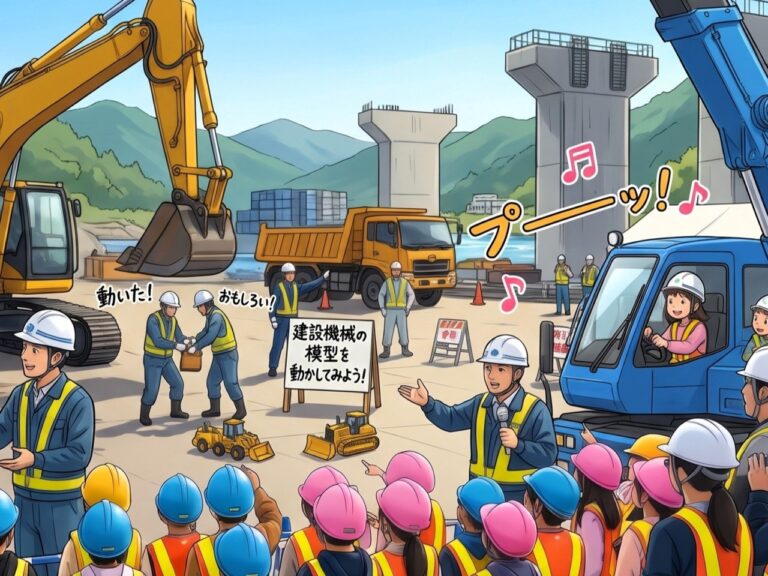 ［青森県］つがる市で津軽自動車道の工事現場見学会 子どもたちがクレーン車の運転席に座る