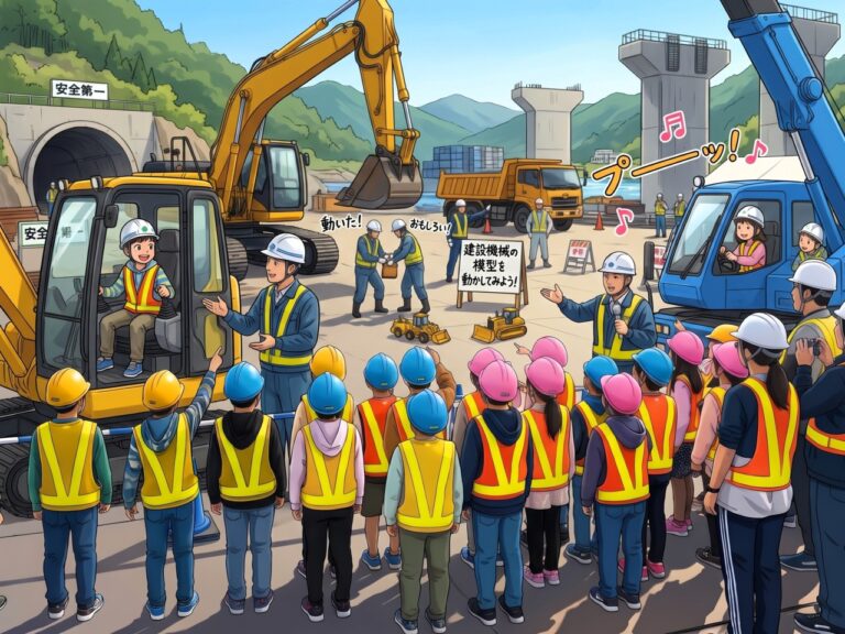 ［青森県］つがる市で津軽自動車道の工事現場見学会 子どもたちがクレーン車の運転席に座る